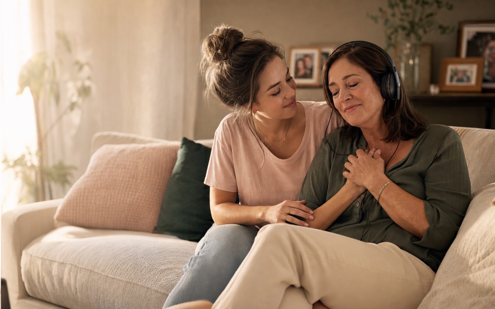 A mother listening to a meaningful song with her daughter